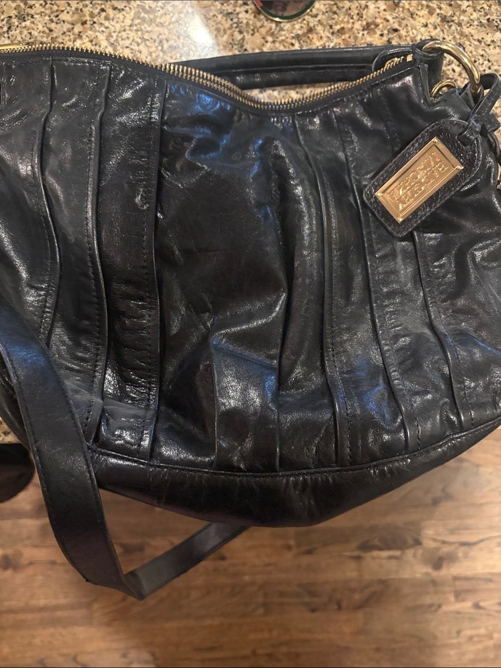 Badgley Mischka Black Leather Pleated Shoulder Bag with Gold Plaque Tag